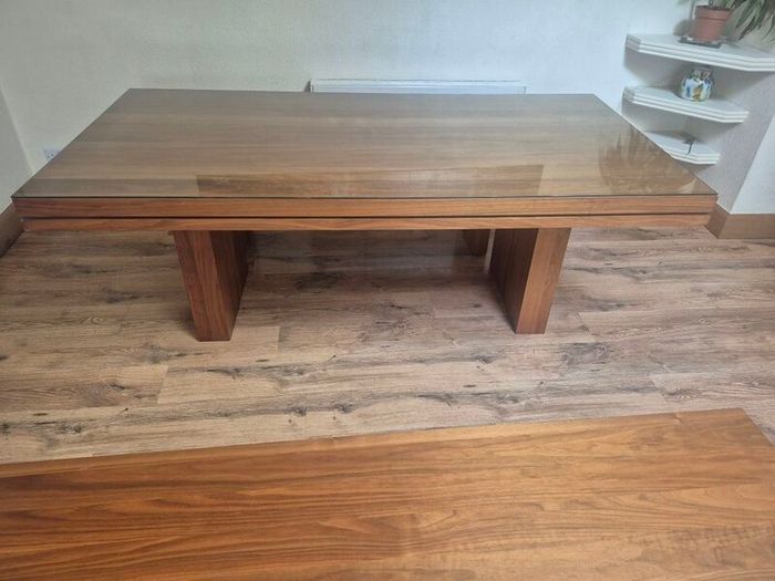 Large Solid Walnut Dining Table plus two benches