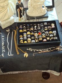 Stage or Movie Props Large Selection of Men's and Ladies Dress Rings Charm Bracelets chains etc. all sold as a lot, not interested in selling separately Ideal for entertainment props or market sellers, Postage Available or Collection