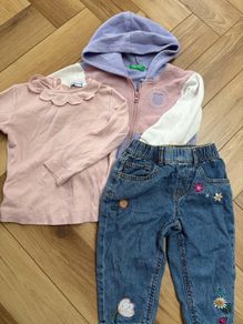 Baby girl casual outfit floral jeans, rose pink top and Benetton hoody 12-18 months