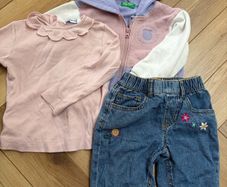 Baby girl casual outfit floral jeans, rose pink top and Benetton hoody 12-18 months