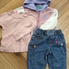 Baby girl casual outfit floral jeans, rose pink top and Benetton hoody 12-18 months