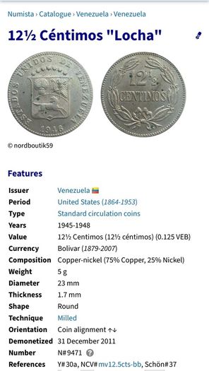 12 1/2 Centimos Venezuela 1945  Coin