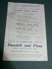 Specimen ballot paper Fianna Fail Cork Cosgrave