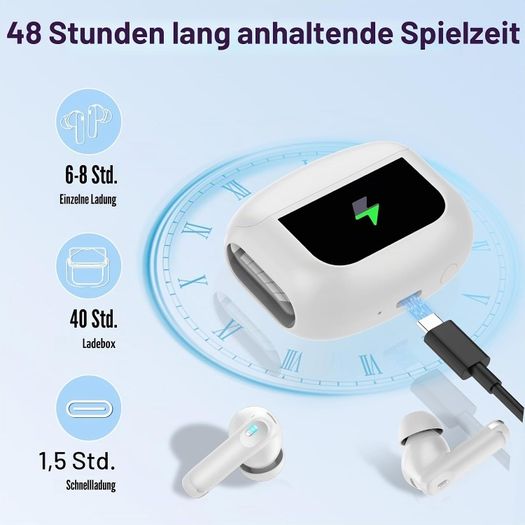 Thunelec U9 Earbuds, Bluetooth 5.4 with Touchscreen, In-Ear with Noise-Canceling Mic, 48-Hour Playtime, Deep Bass, Dark Gray