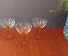 Lovely Set of Three Vintage Mid-Century Hand Blown Liqueur Glasses with Hand Blown Amber Rope Twist Stems - Priced as a Pair, as the Third Glass has a Tiny Chip