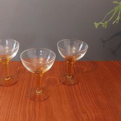 Lovely Set of Three Vintage Mid-Century Hand Blown Liqueur Glasses with Hand Blown Amber Rope Twist Stems - Priced as a Pair, as the Third Glass has a Tiny Chip