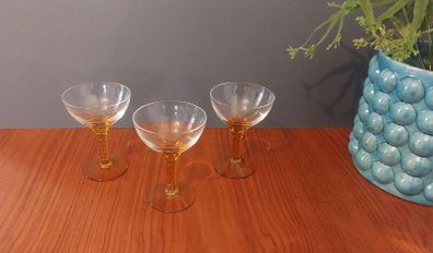 Lovely Set of Three Vintage Mid-Century Hand Blown Liqueur Glasses with Hand Blown Amber Rope Twist Stems - Priced as a Pair, as the Third Glass has a Tiny Chip