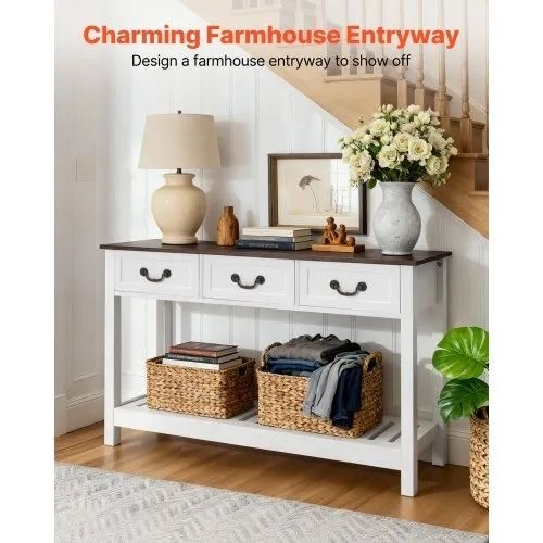 120 cm Console Table, Farmhouse Desk Behind the Couch with Drawers and Bottom Storage Shelf, Wooden Rectangle Entrance Narrow Sofa Table for Hallway, Bedroom, Living Room, Foyer, Brown + White
