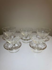 Set of 5 Vintage Wheel-Etched Champagne Coupes - Retro Cocktail Glasses