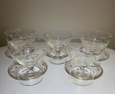 Set of 5 Vintage Wheel-Etched Champagne Coupes - Retro Cocktail Glasses