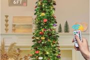 6FT/1.8M Pop Up Tinsel Christmas Tree with 100 Timer Lights &amp; Remote, Collapsible Artificial Pencil Tree Xmas Decoration for Home, Office, Party, USB Powered, Easy Assembly