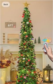 6FT/1.8M Pop Up Tinsel Christmas Tree with 100 Timer Lights & Remote, Collapsible Artificial Pencil Tree Xmas Decoration for Home, Office, Party, USB Powered, Easy Assembly
