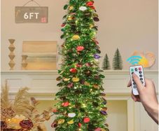 6FT/1.8M Pop Up Tinsel Christmas Tree with 100 Timer Lights & Remote, Collapsible Artificial Pencil Tree Xmas Decoration for Home, Office, Party, USB Powered, Easy Assembly