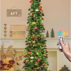 6FT/1.8M Pop Up Tinsel Christmas Tree with 100 Timer Lights & Remote, Collapsible Artificial Pencil Tree Xmas Decoration for Home, Office, Party, USB Powered, Easy Assembly