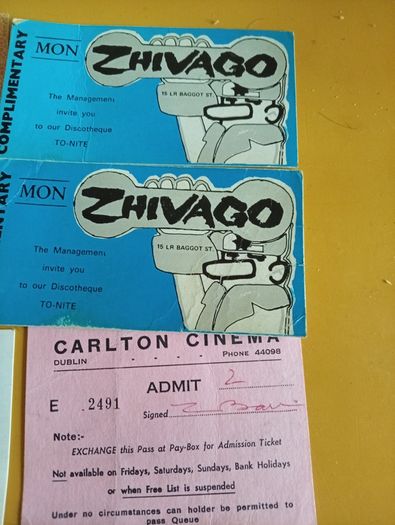 Rare 1970s Dublin Club & Cinema Passes.  Zhivago, Carlton, Papillon II