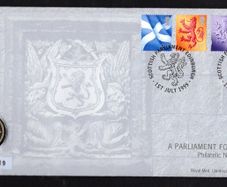 1999 Scotland A Parliament for Scotland Philatelic Numismatic Cover (PNC) with set of definitive set and UK1 coin