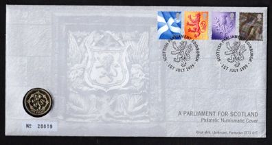 1999 Scotland A Parliament for Scotland Philatelic Numismatic Cover (PNC) with set of definitive set and UK1 coin