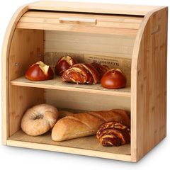2-Layer Bamboo Bread Bin, Roll-Top Bread Box with Removable Layer, Self Assembly