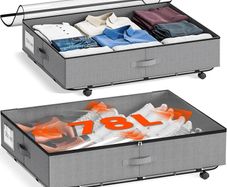 XXXL 78L Under Bed Storage on Wheels, 2-Pack Rolling Storage Containers with Clear Lid & Label, Heavy-Duty Metal Frame, Easy Pull-out, Underbed Storage Bins for Clothes, Shoes, Blankets, and Toys