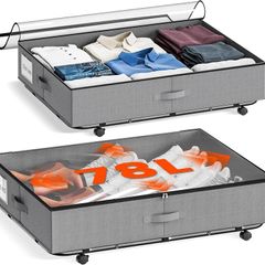 XXXL 78L Under Bed Storage on Wheels, 2-Pack Rolling Storage Containers with Clear Lid & Label, Heavy-Duty Metal Frame, Easy Pull-out, Underbed Storage Bins for Clothes, Shoes, Blankets, and Toys