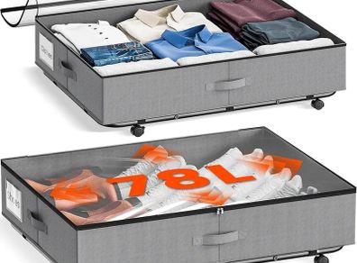 XXXL 78L Under Bed Storage on Wheels, 2-Pack Rolling Storage Containers with Clear Lid & Label, Heavy-Duty Metal Frame, Easy Pull-out, Underbed Storage Bins for Clothes, Shoes, Blankets, and Toys
