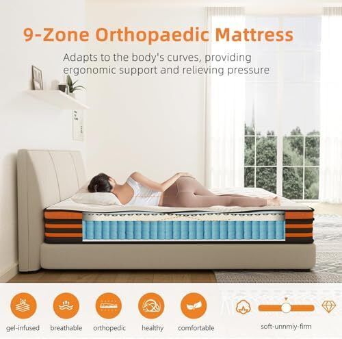 5FT King Size Mattress, 10 Inch 9 Zone Orthopedic Mattresses, King Mattress Gel Wave Memory Foam Pocket Sprung Hybrid Mattress for Pressure Relief Motion Isolation & Edge Support, 150x200x25cm