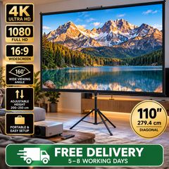 Tripod Projector Screen with Stand 110inch 16:9 4K HD Projection Screen Stand Wrinkle-Free Height Adjustable Portable Screen for Projector Indoor & Outdoor for Movie, Home Cinema, Gaming, Office