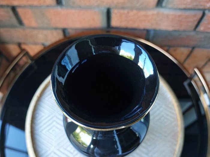 Japanese "Interpur" Ceramic Black Peacock/Floral Vase