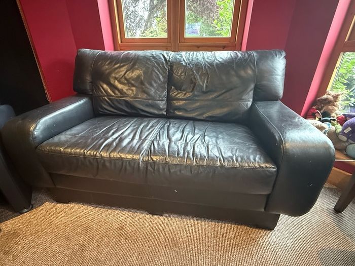 DFS Black Leather Sofa Suite 3 Seater, 2 Seater, Armchair & Footstool