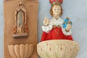 Pair of Holy Water fonts, Child of Prague and Our Lady, devotional item,