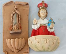 Pair of Holy Water fonts, Child of Prague and Our Lady, devotional item,