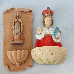 Pair of Holy Water fonts, Child of Prague and Our Lady, devotional item,