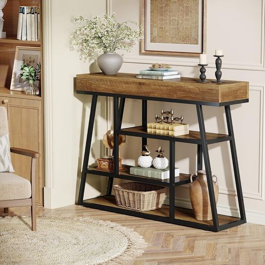 Industrial Narrow Console Table, 4-Tier with Storage Space
