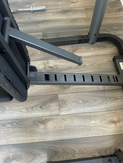 Home Gym Equipment: Adjustable Weider Gym Bench, Olympic bars, and Rubber Weights