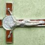 Vintage Religious Large metal and brown enamel Cross Christus Corpus Crucifix INRI and St Benedict charm, St Benedictus Cross pendant charm Image 2