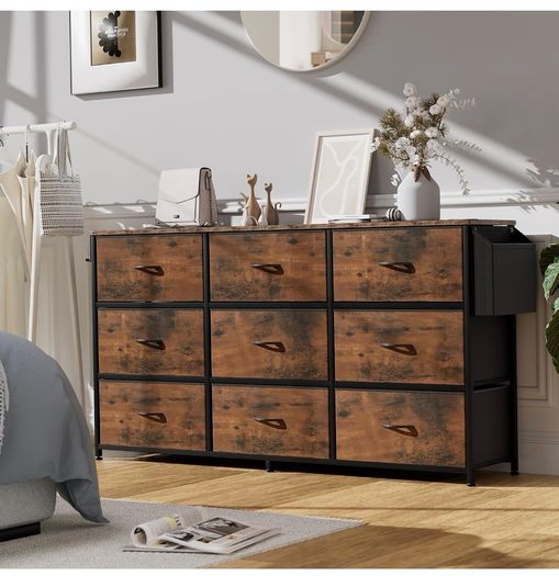 Fabric Chest of Drawers 9 Drawers Large TV Stand for 43-65 TVs Label Cards, Side Pocket &
