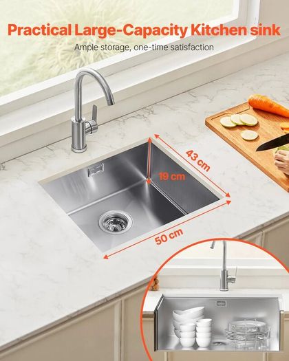 Stainless Steel Undermount Sinks Drop-In Single Bowl Farmhouse Basin with Accessories 50cm