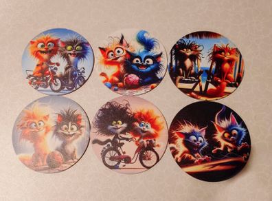 6 Cat Design, Timber Coasters (new).