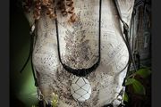 OOAK Chunky Black Leather Necklace with Carved Selenite Stone in Macrame