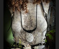 OOAK Chunky Black Leather Necklace with Carved Selenite Stone in Macrame