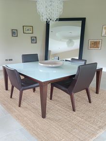 Glass dining table by Calligaris incl chairs 140cm sq 8 seater