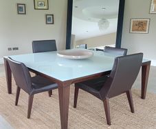 Glass dining table by Calligaris incl chairs 140cm sq 8 seater