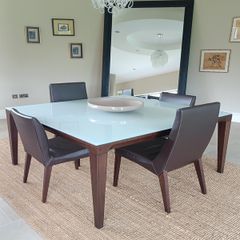 Glass dining table by Calligaris incl chairs 140cm sq 8 seater
