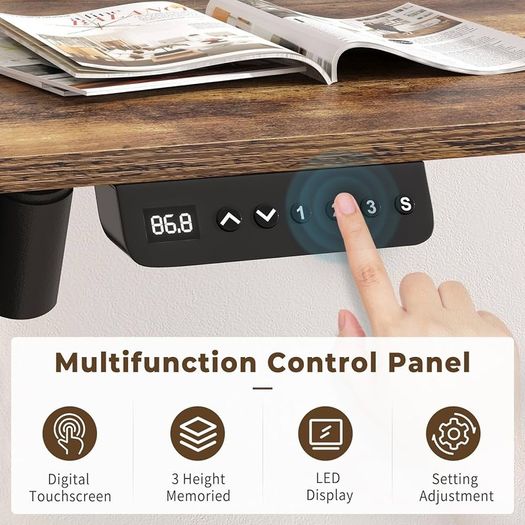 Electric Standing Desk Height Adjustable 120 x 60cm Sit to Stand Desk Stand up Desk Computer Work Desk for Home Office Black Frame/Rustic Brown Table Top