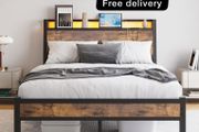 Double Size Bed Frame with Charging Station and LED Lights,