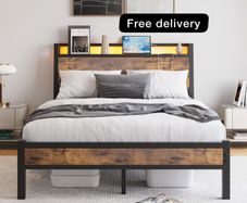 Double Size Bed Frame with Charging Station and LED Lights,