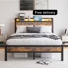 Double Size Bed Frame with Charging Station and LED Lights,