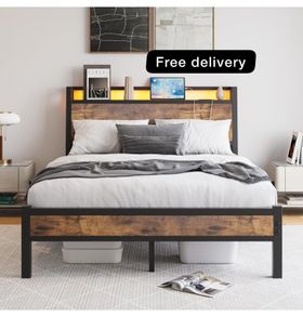 Double Size Bed Frame with Charging Station and LED Lights,