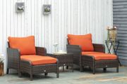 5 Pieces PE Rattan Garden Furniture Set - With 10cm Thick Padded Cushions, Wicker Weave Outdoor Seating Chairs Including 2 Armchairs, 2 Stools, and Glass Top Table, Brown