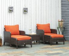 5 Pieces PE Rattan Garden Furniture Set - With 10cm Thick Padded Cushions, Wicker Weave Outdoor Seating Chairs Including 2 Armchairs, 2 Stools, and Glass Top Table, Brown